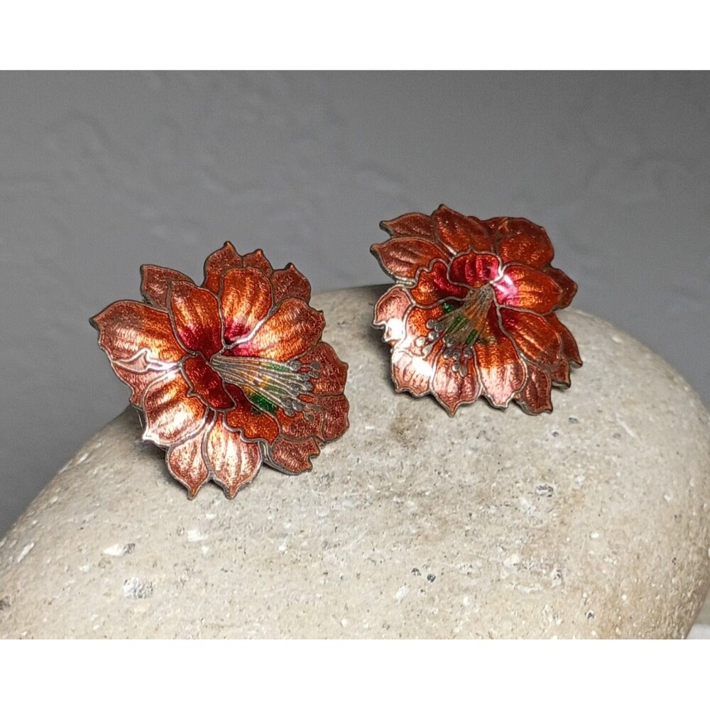Vintage Cloisonné Enamel Exotic Hibiscus Floral Flower Earrings